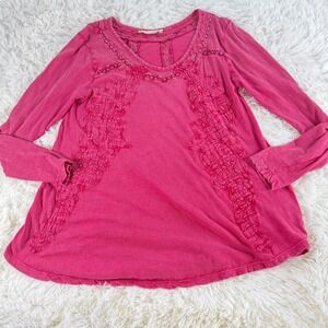 Soft Surroundings Pink Embroidered Tunic Top Long Sleeve Cotton Womens Small